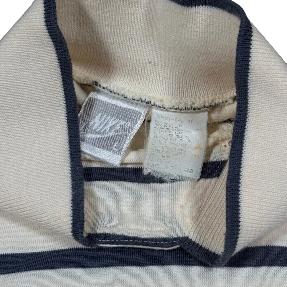 Vintage Nike‎ Gray Tag Striped Collared T-Shirt w Pocket Sz L in Cream, Navy